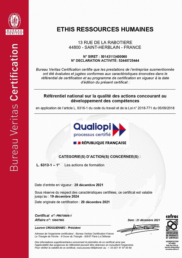 Certificat Qualiopi ETHIS RH