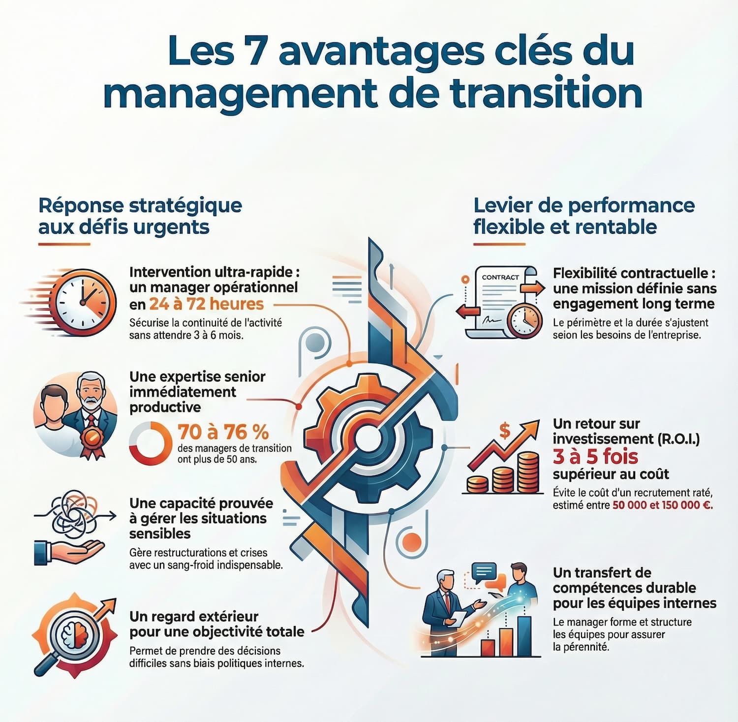 Infographie les avantages du management de transition. 