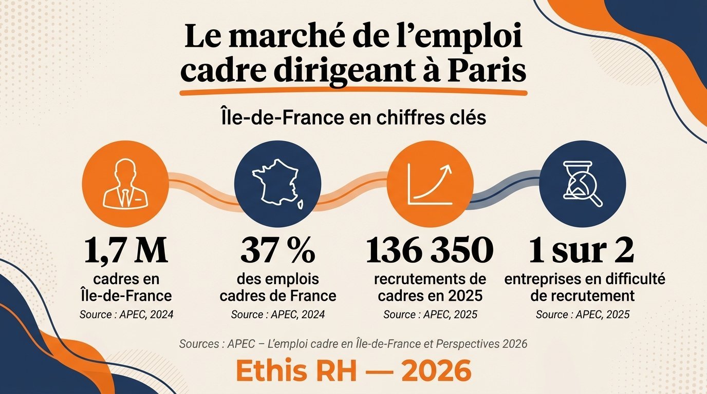 Infographie : le marché de l'emploi cadre dirigeant à Paris et en Île-de-France — Ethis RH 2026